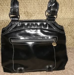 USHER (Large) Black Soft Patent Double Strap White Stitch Piping Shoulder Bag